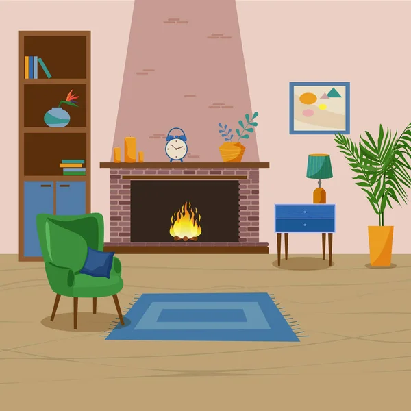 Wohnzimmereinrichtung Mit Möbeln Zimmerpflanzen Und Wohndekoration Flache Cartoon Vektorillustration — Stockvektor