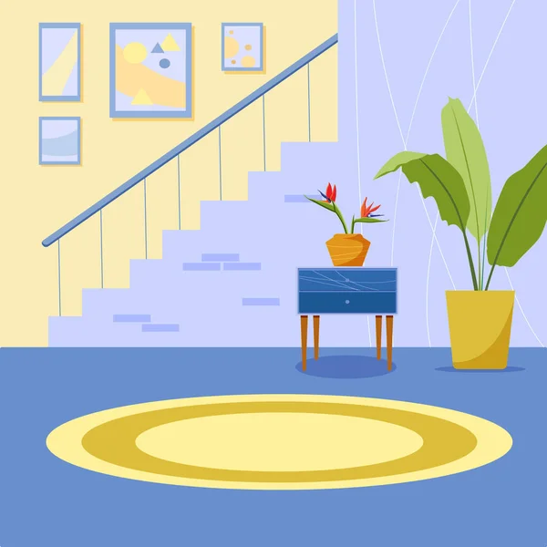 Hal Interieur Met Meubels Kamerplanten Woondecoraties Platte Cartoon Vector Illustratie — Stockvector