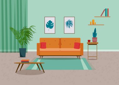 Oturma odasının içinde mobilyalar, ev bitkileri ve dekorasyonlar var. Daire dekore edilmiş rahat bir tarz. Düz çizgi film vektör çizimi.