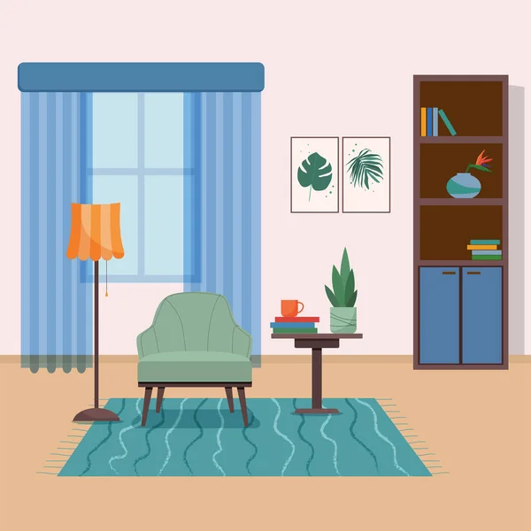 客厅里有家具 家居用品和家居装饰 公寓装饰舒适的风格 平面卡通矢量插图 — 图库矢量图片