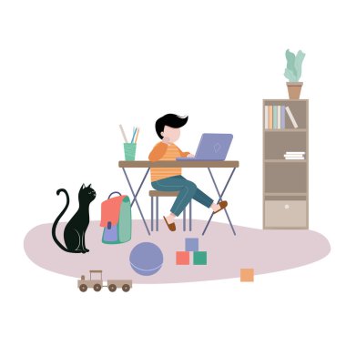 Evde ders çalışan bir çocuk. Uzaktan çalış. 