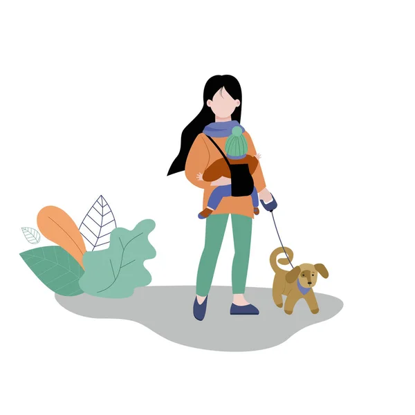Character Design Woman Holding Baby Walking Dog — Stock Vector