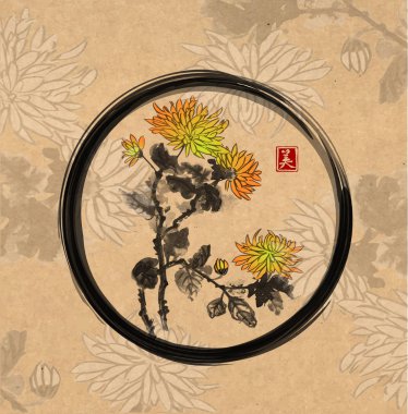 Geleneksel oryantal mürekkep kasımpatı çiçekleri