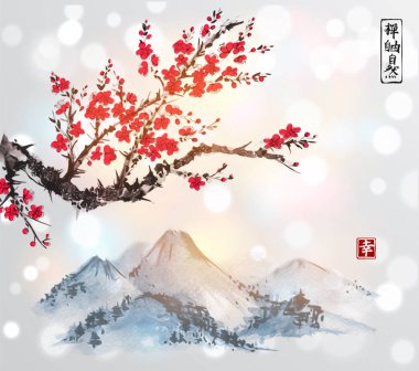 Sakura çiçeği ve dağlar