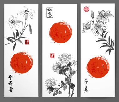 Geleneksel Japon üç afiş resim sumi-e mürekkep