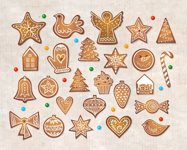 Set of 25 realistic gingerbread cookies — Stock Vector