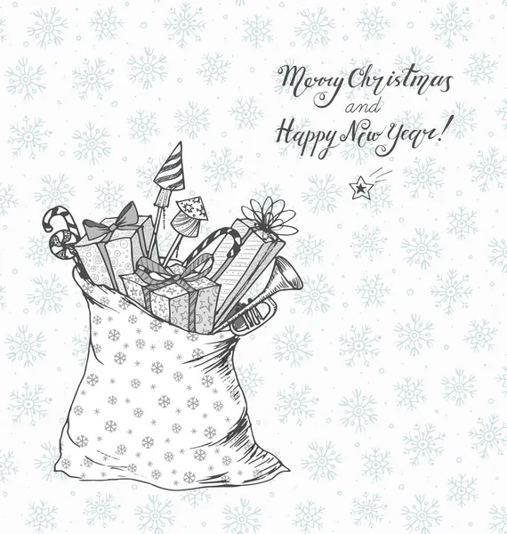 Carte de Noël avec sac plein de cadeaux — Image vectorielle