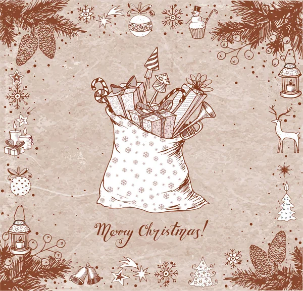 Carte de Noël avec sac plein de cadeaux — Image vectorielle