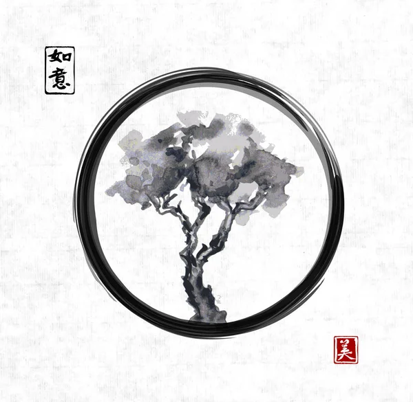 Albero in cerchio zen enso nero — Vettoriale Stock