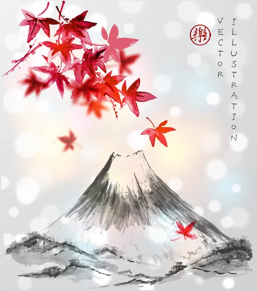 Folhas de bordo japonesas vermelhas e montanha Fujiyama — Vetor de Stock