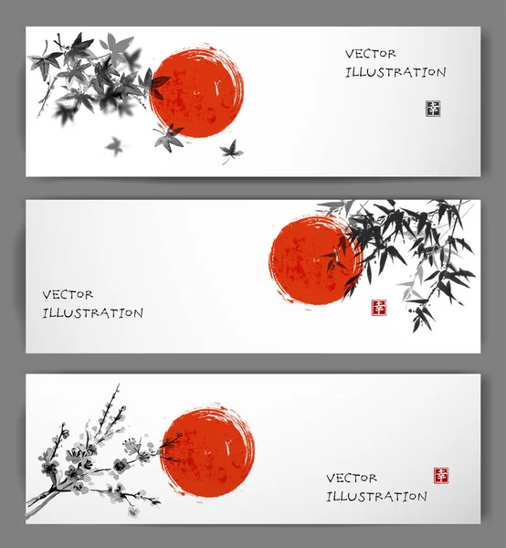 Tres banderas en la pintura tradicional de tinta japonesa sumi-e — Vector de stock