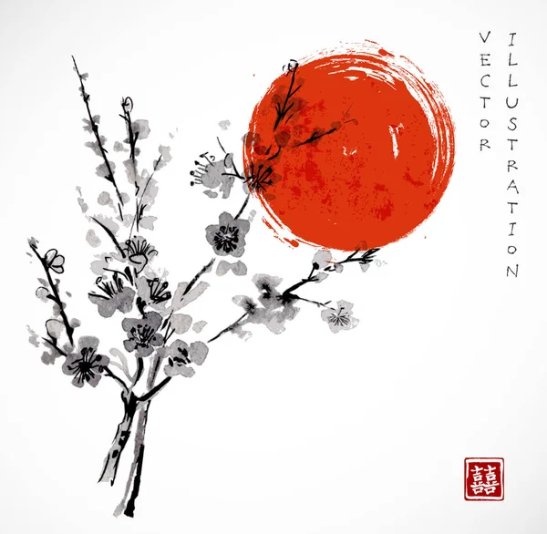Oriental cherry branch in blossom and red sun. — Stock Vector