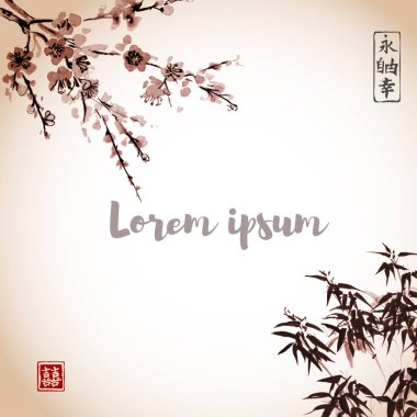 Bambu yaprakları ve sakura çiçeği
