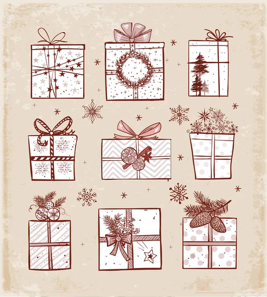 Cajas de regalo de Navidad sobre fondo vintage — Vector de stock