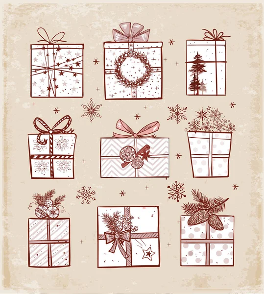 Kerst geschenkdozen op vintage achtergrond — Stockvector