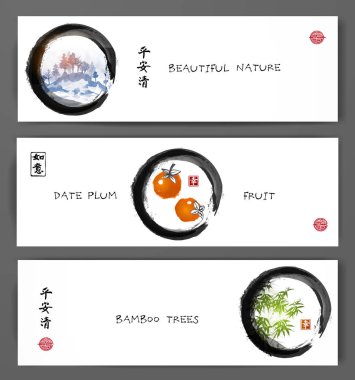 Doğa ve meyve ağaçları ile üç afiş