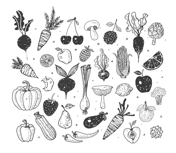 Buah Doodle dan Sayuran - Stok Vektor