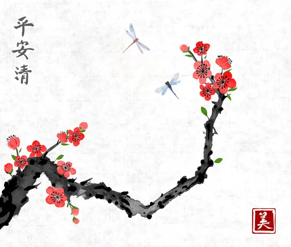 Rama de árbol de sakura y libélulas — Archivo Imágenes Vectoriales