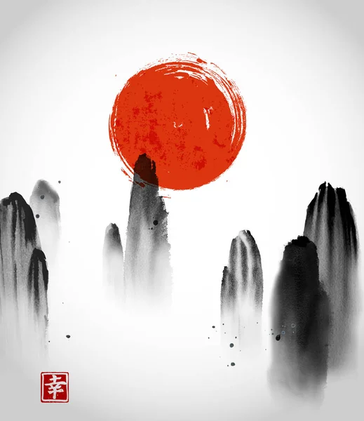 Mountains and red sun hand drawn with ink — Stock Vector