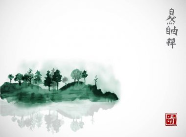 Ağaçta sis ile yeşil ada. 