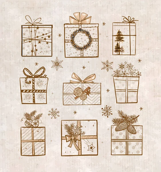 Doodle bosquejo navidad cajas de regalo — Vector de stock
