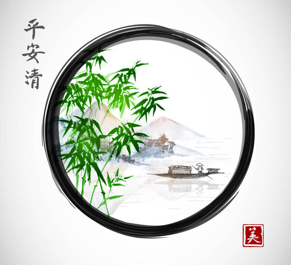 Green bamboo trees, island with mountains 