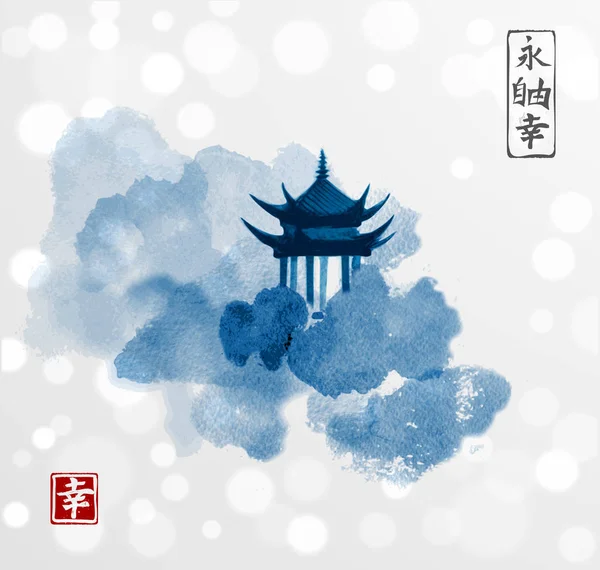 Temple de la pagode bleue et arbres forestiers — Image vectorielle