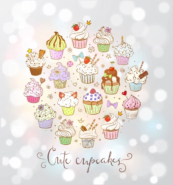 Set van doodle schets cupcakes — Stockvector