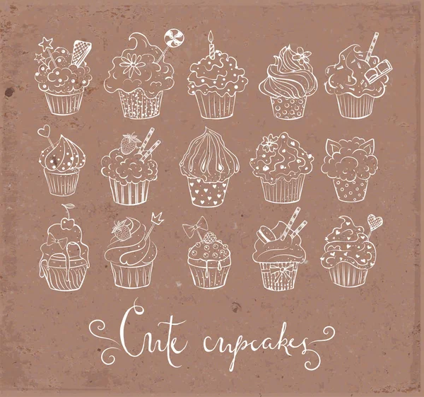 Set van doodle schets cupcakes — Stockvector
