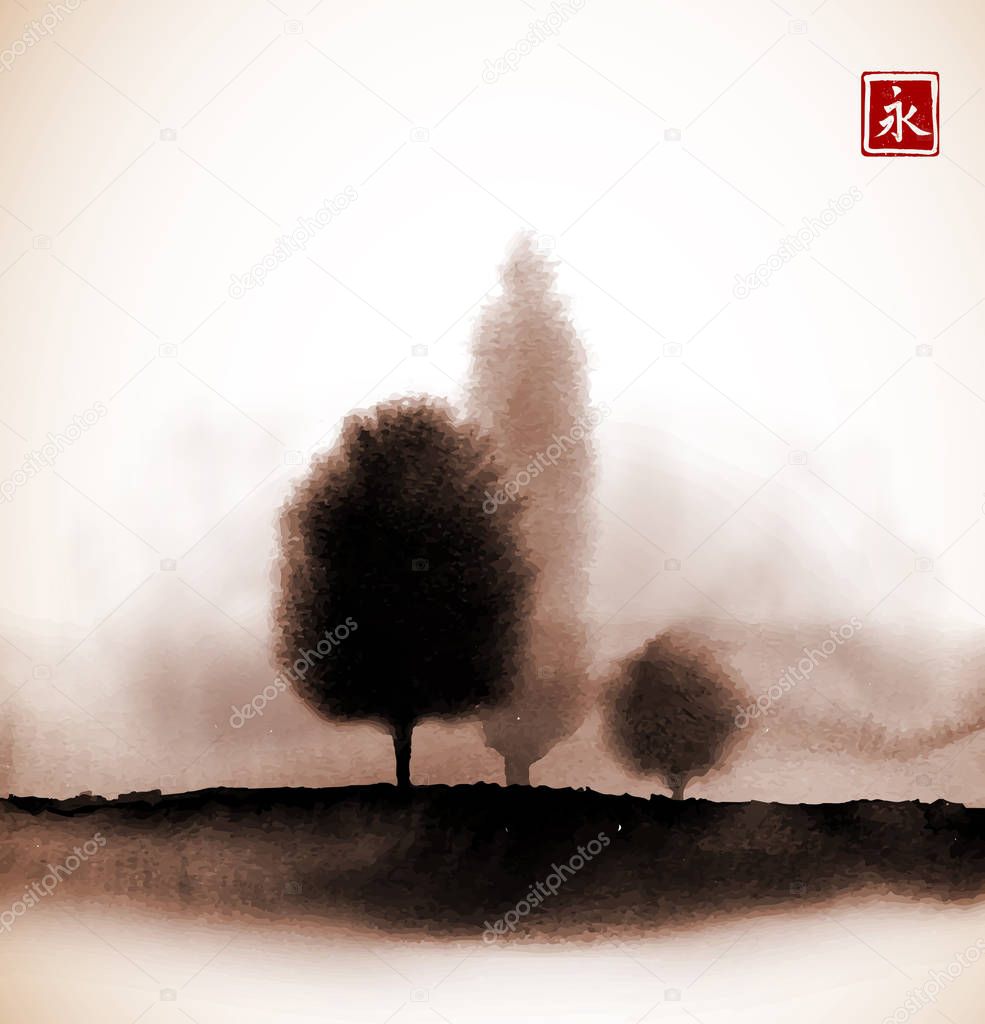 Trees in fog in japanese style