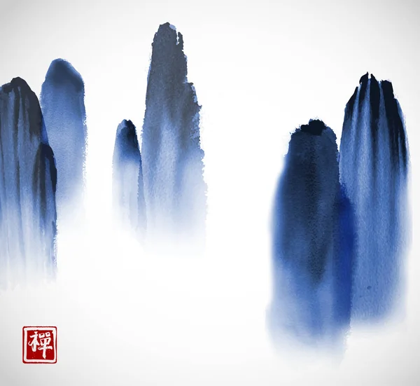 Montañas en niebla dibujadas a mano con tinta — Vector de stock