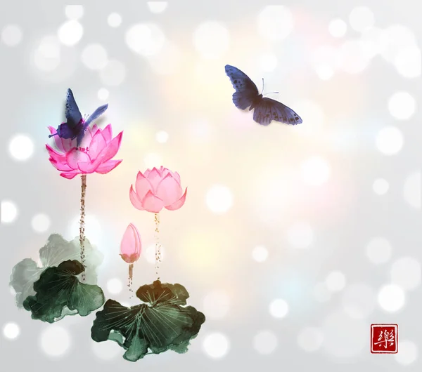 Lotus fleurs et papillons — Image vectorielle
