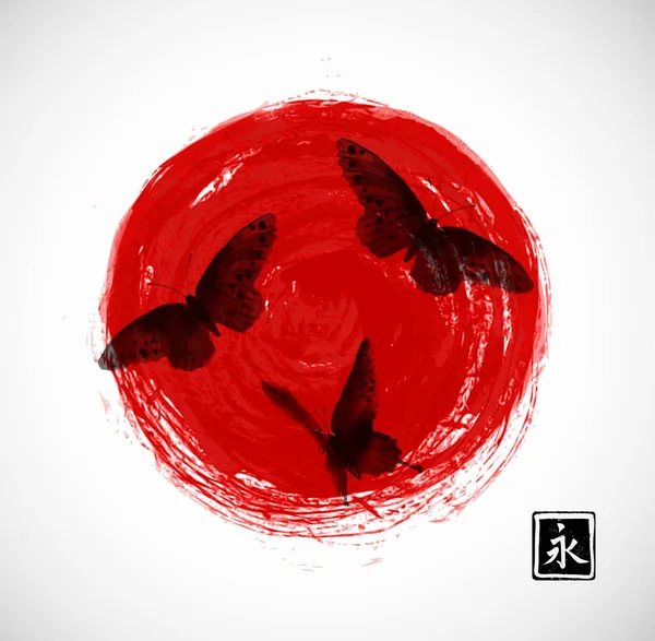 Mariposas negras en círculos rojos — Archivo Imágenes Vectoriales