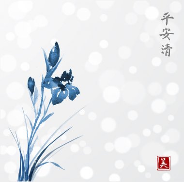 Mavi iris çiçek elle mürekkeple çizilmiş