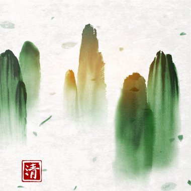 Sis elle mürekkeple çizilmiş dağlarda