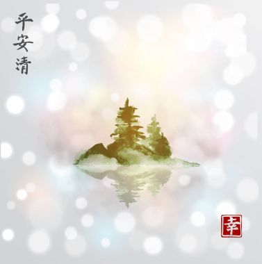 Sisin içinde yeşil çam ağaçları ile ada