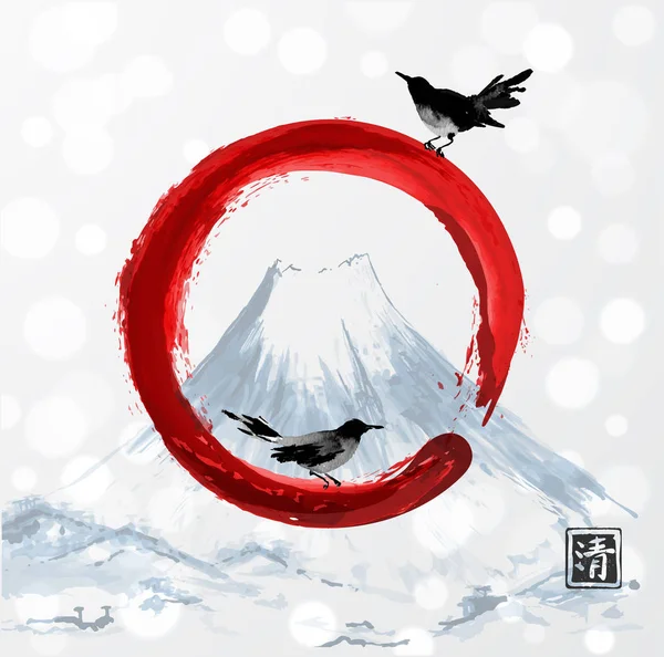 Dos pájaros negros con montaña Fujiyama . — Vector de stock