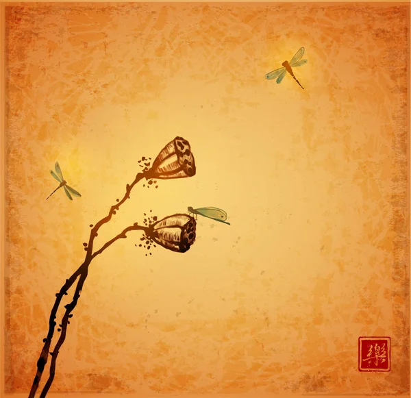Têtes de graine de lotus et libellules — Image vectorielle