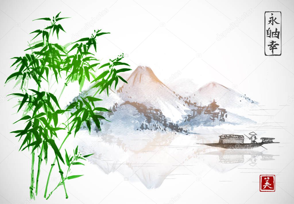 Green bamboo trees with mountains