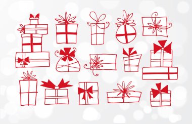 Noel hediye kutuları beyaz parlak arka planda doodle
