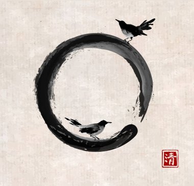 İki siyah kuşlar ve antika arka plan üzerinde siyah enso zen daire. Geleneksel oryantal mürekkep boyama sumi-e, u-sin, go-hua. Hiyeroglif - netlik.