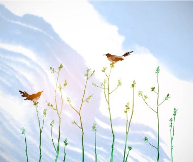 Ağaç dalları yeşil taze yaprakları ve mavi gökyüzü ile. Hiyeroglif - mutluluk içerir. Geleneksel oryantal mürekkep boyama sumi-e, u-sin, go-hua