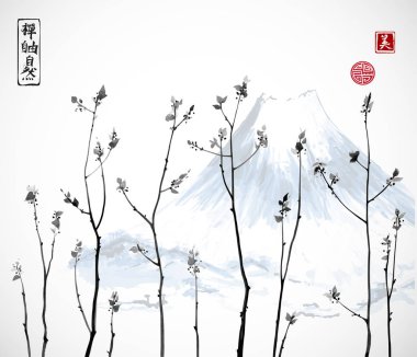 Genç ağaçlar ve beyaz arka plan: Fujiyama dağda. Geleneksel oryantal mürekkep boyama sumi-e, u-sin, go-hua.