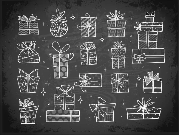 Colección Cajas Regalo Navidad Doodle Sketch Sobre Fondo Pizarra — Vector de stock