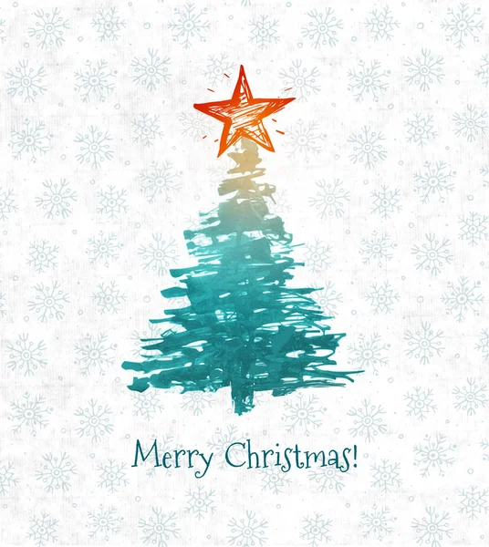 Greeting Card Bright Christmas Tree Big Star Hand Drawn Ink — Stock Vector