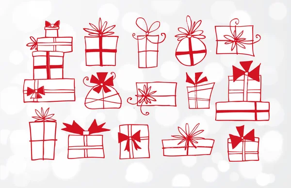 Doodle Cajas Regalo Navidad Sobre Fondo Blanco Brillante — Vector de stock