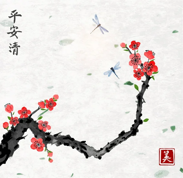 黑鸟坐在松树和樱花的树枝上 宣纸背景 传统的东方水墨画 象形文字 — 图库矢量图片