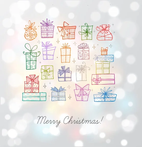 Doodle Weihnachtsgeschenkboxen Auf Weißem Glühenden Hintergrund — Stockvektor