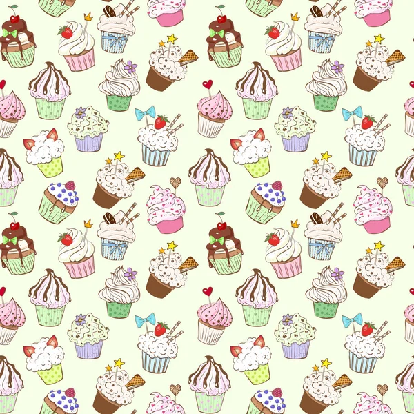 Seamless Background Doodle Sketch Cupcakes Green Background — Stock Vector