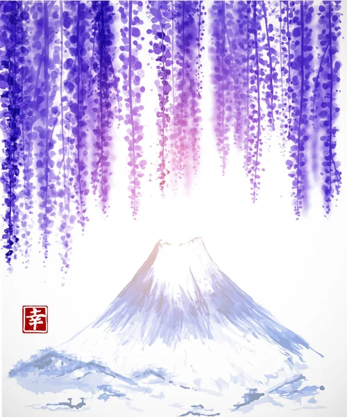 Kwiat Glicynii Fujiyama Góry Tle Papieru Ryżowego Tradycyjne Orientalne Atrament — Wektor stockowy